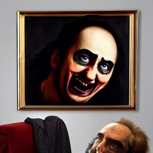 Image similar to detailing character concept portrait of Nicholas Cage acting as a clown by Caravaggio, on simple background, oil painting, middle close up composition, hyper realistic