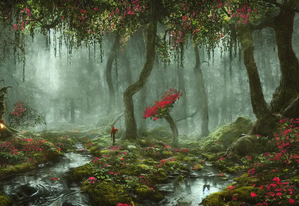 Image similar to handmade stunning landscape of a big and deep forest, ornate, beautiful, atmosphere, vibe, mist, chimney, pristine, puddles, melting, dripping, creek, lush, forest, roses, flowers, by kilian eng jake parker loish, octane render, 8 k hd resolution, high quality image