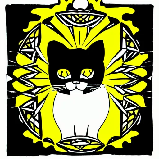 Image similar to tattoo sketch of a cat hugging the sun, on a yellow paper, african ornament, minimalism, vector