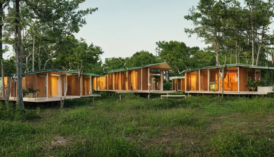 Image similar to A wide image of an eco-community neighborhood of innovative contemporary 3D printed prefab sea ranch style cabins with rounded corners and angles, beveled edges, made of cement and concrete, organic architecture, in a lush green forest Designed by Gucci and Wes Anderson, golden hour