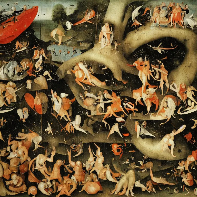 Image similar to The portrait of half-fish men falling from the tree of knowledge by Hieronymus Bosch and Pieter Bruegel inspired, super detailed oil painting, hyper realistic faces, 4k, masterpiece