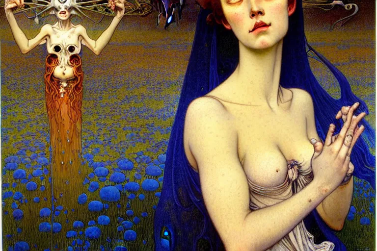 Prompt: realistic detailed portrait painting of a beautiful woman with a zombie, nightly graveyard landscape background by Jean Delville, Amano, Yves Tanguy, Alphonse Mucha, Ernst Haeckel, Edward Robert Hughes, Roger Dean, rich moody colours, blue eyes