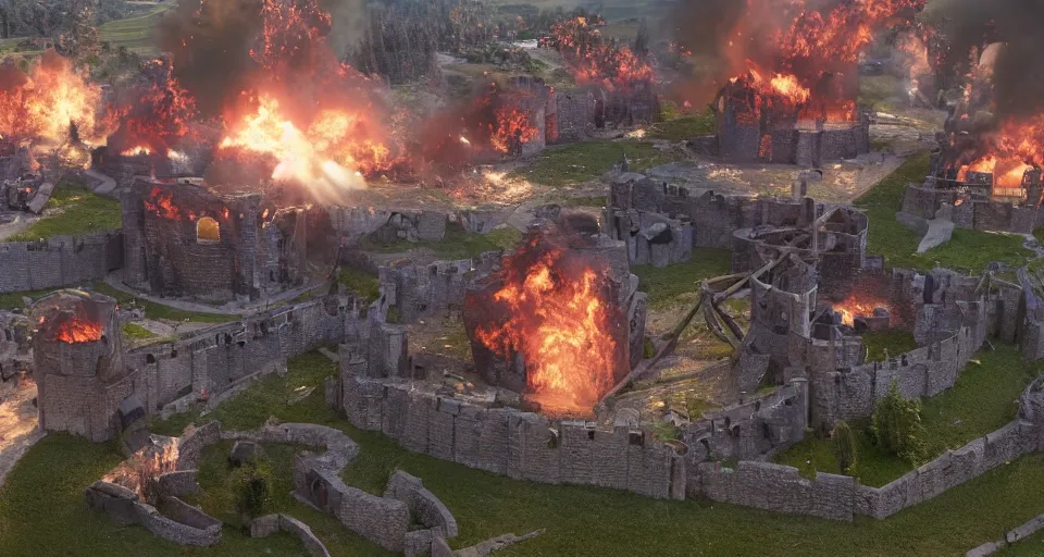 Prompt: five giant and powerful medieval trebuchets in the front, fireing on a medieval fortress far away, destroying the walls, fire and explosion, debris flying around, octane render, unreal engine