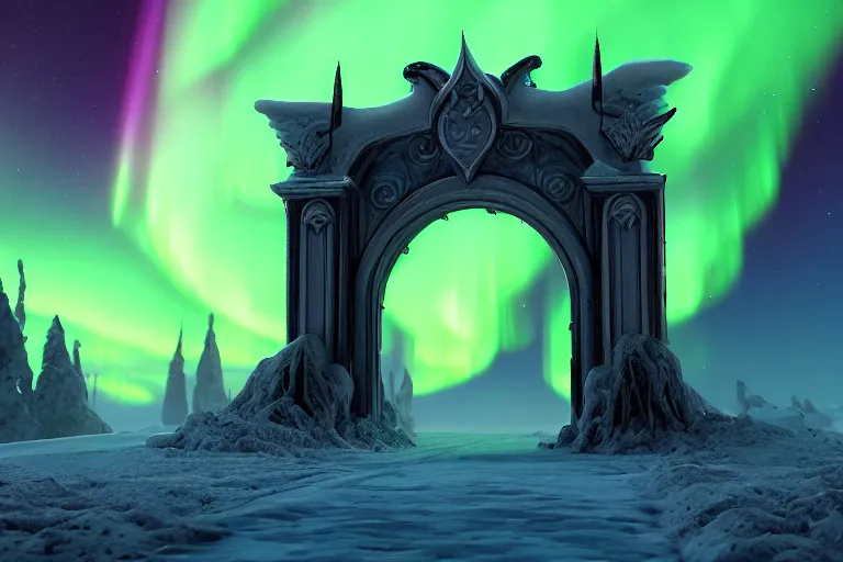 Image similar to a very detailed concept art of fantasy gates to aurora borealis, trending on artstation, digital art, 4 k, hyper realistic, octane render, sharp focus