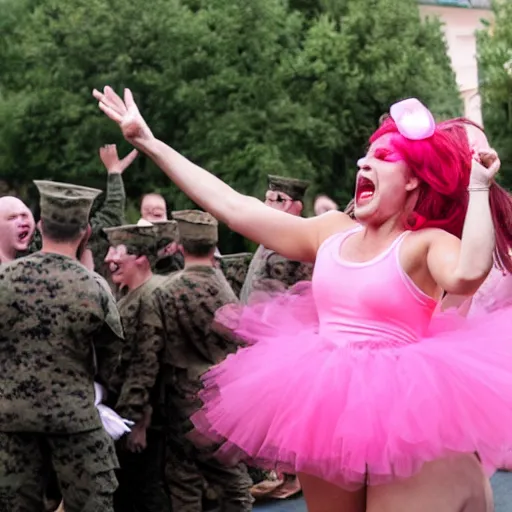 Image similar to a marine screaming while wearing a pink tutu