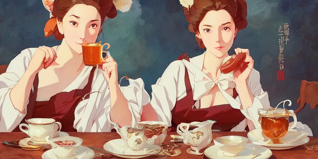 Image similar to attractive female drinking tea, in the style of studio ghibli, j. c. leyendecker, greg rutkowski, artgerm