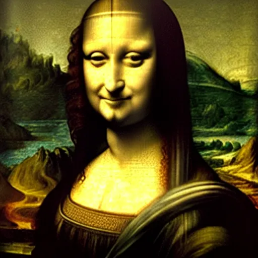 Prompt: a photo of Monalisa while painting a portrait of Leonardo Da Vinci,