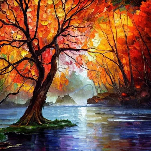 Image similar to A beautiful, highly detailed, very realistic oil painting of a single tree with rainbow leaves, next to a small river, glowing bright blue in the middle of a huge, very dark cave, with lots of dark grey rocks, oil painting by Afremov and Greg Rutkowski.