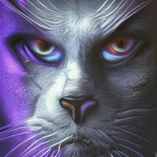 Image similar to photorealistic demonic cat in the style of michael whelan and gustave dore. hyperdetailed photorealism, 1 0 8 megapixels, amazing depth, glowing rich colors, powerful imagery, psychedelic overtones, 3 d finalrender, 3 d shading, cinematic lighting, artstation concept art