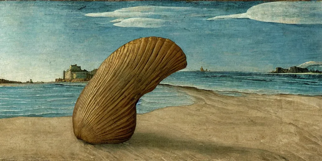 Image similar to a painting of an empty beach with a giant open shell in the sand, by botticelli
