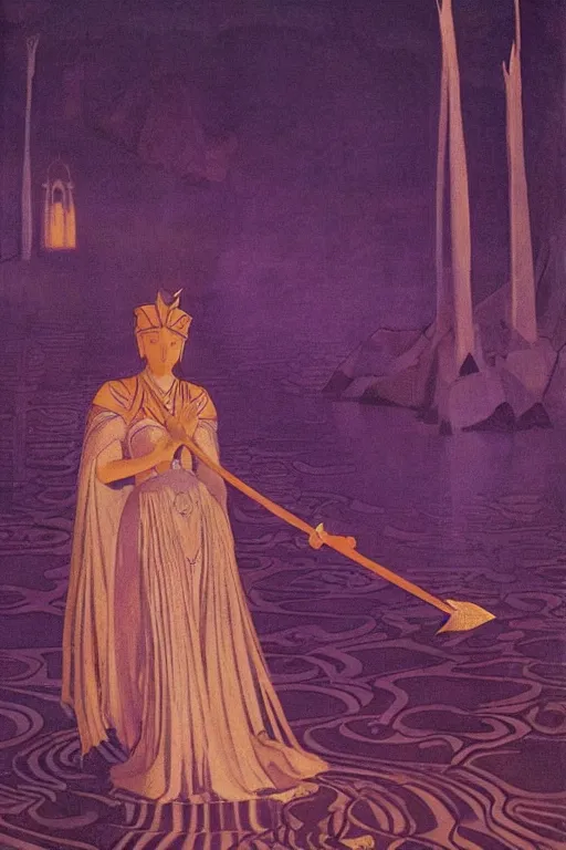 Image similar to lost queen of the night river with her scepter, by Nicholas Roerich and jean delville and Maxfield Parrish, dramatic cinematic lighting , ornate headdress , lost civilizations, extremely detailed, unreal engine