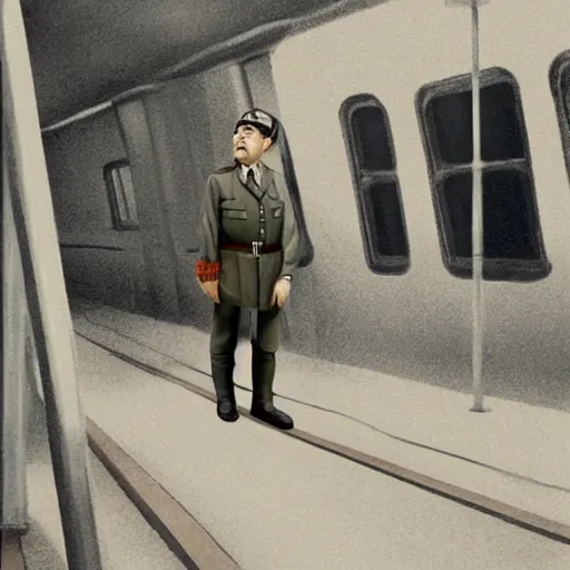 Prompt: hitler as midget standing in train station, portrait, artstation, concept art by greg rutkowsk