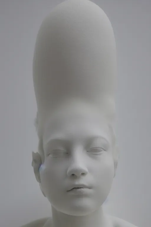 Image similar to full head and shoulders, beautiful female porcelain sculpture by daniel arsham and raoul marks, smooth, all white features on a white background, delicate facial features, white eyes, white lashes, detailed white, the head is split open like an egg, gold paint flows out