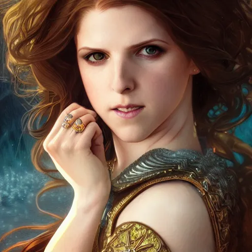 Image similar to beautiful powerful sorceress maiden princess, Anna Kendrick, cruel, intricate, elegant, highly detailed, digital painting, artstation, concept art, smooth, sharp focus, illustration, art by artgerm and greg rutkowski and alphonse mucha