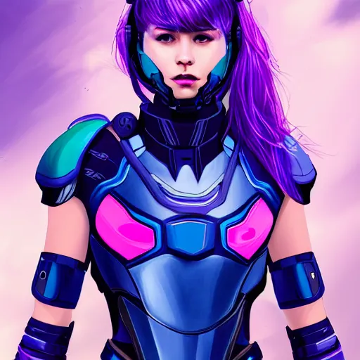 Prompt: a stunning upper body portrait of a beautiful young woman wearing futuristic navy blue and teal battle bodyarmor with pauldrons and luminescent fine lines and ombre purple and pink hairstyle with hair blowing in the wind, by marvel comics, highly detailed, fine detail, intricate, digital art, trending on artstation