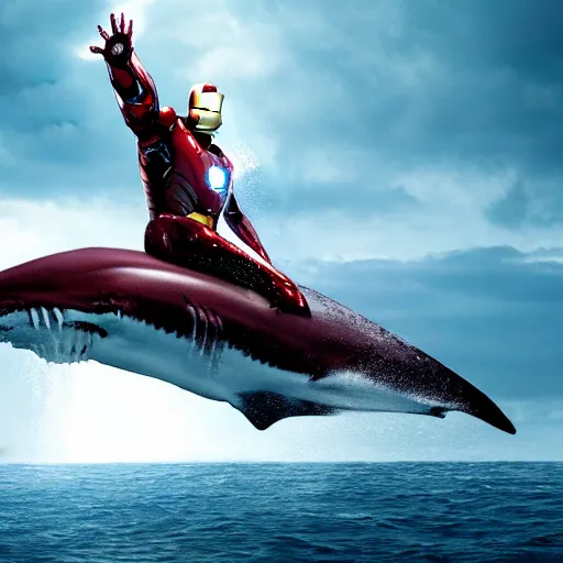 Prompt: film still of iron man as a shark in the movie jaws, photography, trailer, 4 k