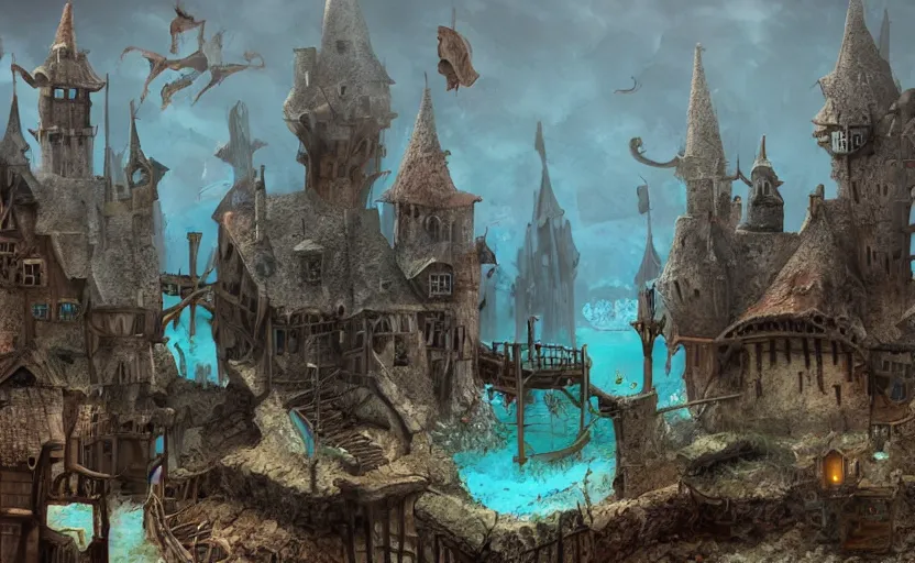 Prompt: underwater medieval village, concept art, render, blender