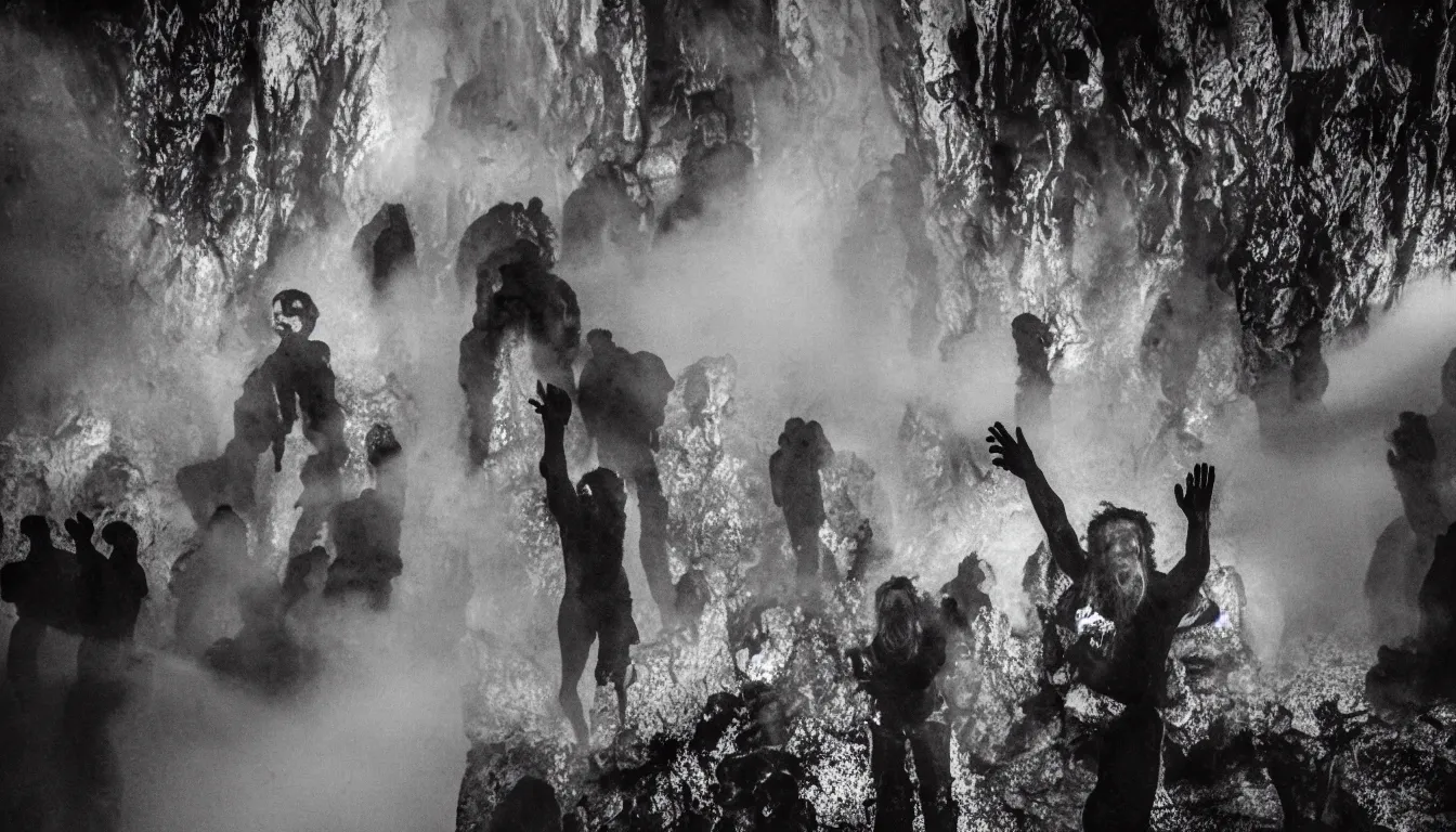 Prompt: emerging hands and an ancient male bearded face , Hundreds of humans , emerging hands and beautiful women’s and men screaming laughing and crying face , inside huge dark wet cave looking out with growing fungal mycelium biodiversity all round , futuristic cities emerge in between the rock formations, deep boiling pools of water reflecting the surfaces around them spraying steam high into the air , dramatic dusk illuminates areas and cast strong shadows, volumetric light through the boiling mist ,detailed entangled fibres carpet the fallen rocks , tree roots puncture and crack rocks , stormy clouds gather in the distance , full colour , upscale , 4k