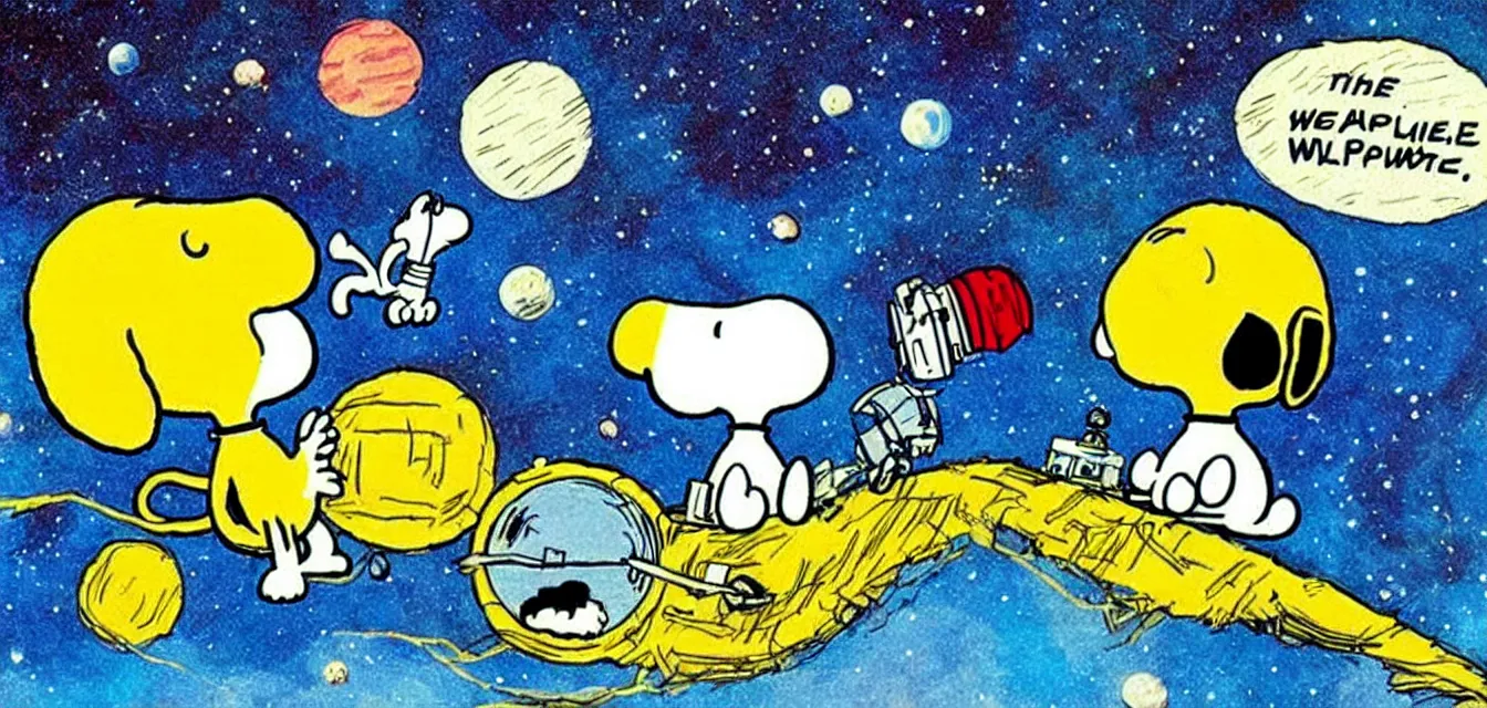 Image similar to calvin and snoopy in space exploring an alien planet, drawn by bill watterson and charles schulz, very detailed and cute and dreamy and playful