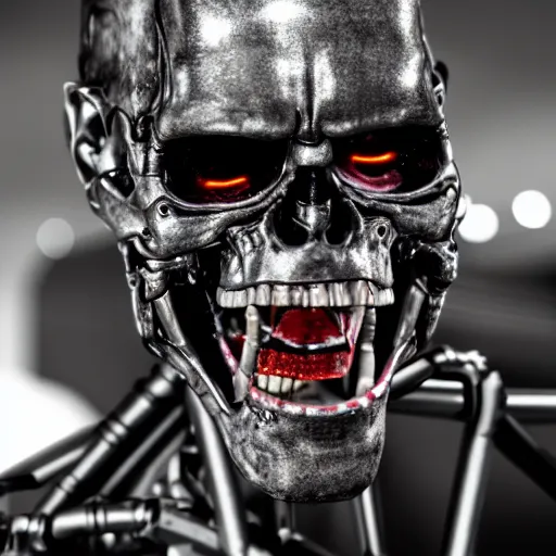 Prompt: terminator laughing and fooling around, ultra realistic details, 8 k, photography