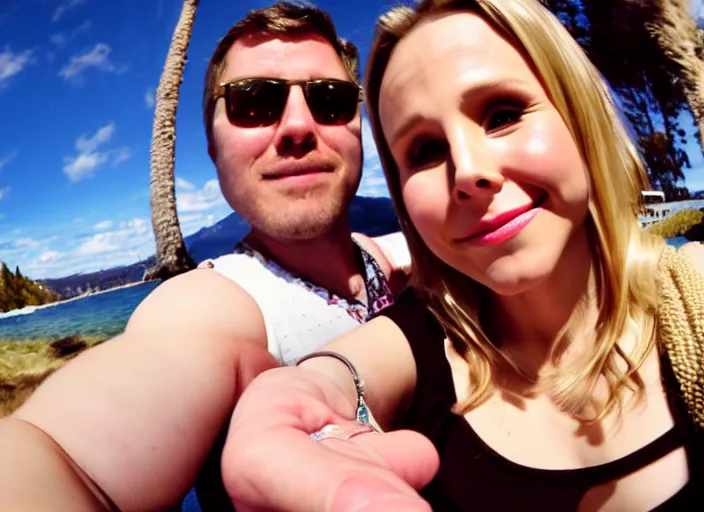 Prompt: gopro footage, photograph of my hand touching kristen bell's fat chubby belly, her belly is fat and round, 8 k, sharp, detailed