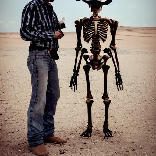 Prompt: an annoyed cowboy in a desert pointing his gun at a skeleton. A skeleton holding his hands up