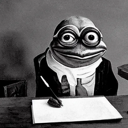 Prompt: pepe the frog doing taxes, realistic old photograph