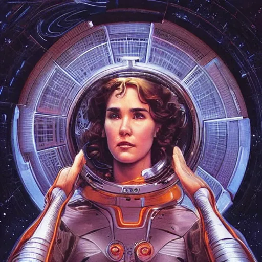 Image similar to Jennifer Connelly as a stunning , beautiful retro SCI-FI space heroine 1985 , movie poster, intricate, elegant, highly detailed, centered, digital painting, trending on artstation, concept art, smooth, sharp focus, illustration, art by artgerm and donato giancola and Joseph Christian Leyendecker, Ross Tran, WLOP