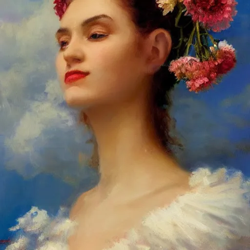 Image similar to a portrait of a romantic woman with flowers grow out of hair, roses peonies forget-me-nots dahlias lupins gladioli, sky theme in background, by Alexandr Averin, Digital Art, Trending on artstation