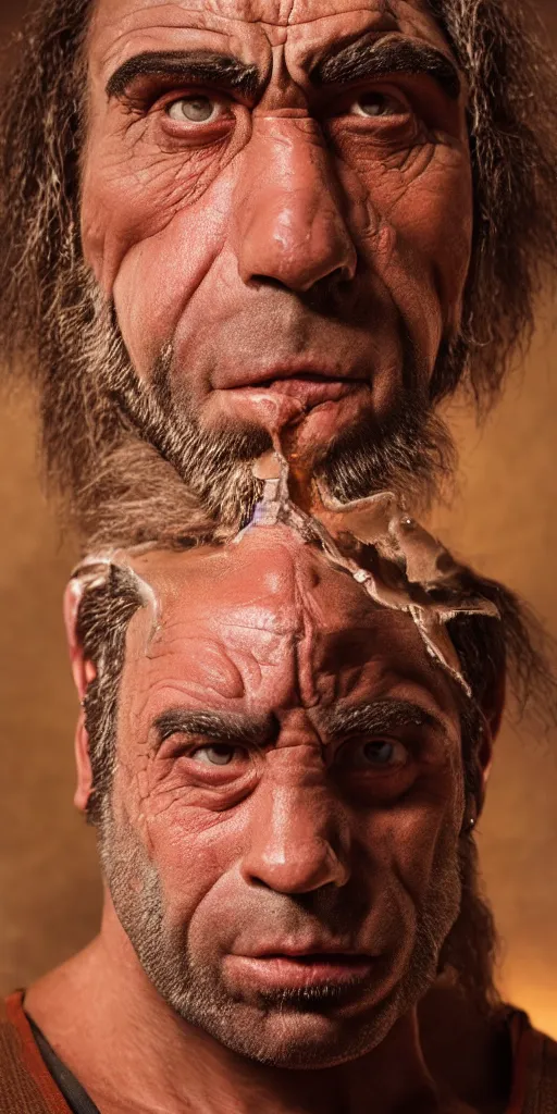 Image similar to Photo portrait Joe Rogan as a wax neanderthal cave man exaggerated brow wrapped in the national science museum background dramatic lighting 85mm lens by Steve McCurry