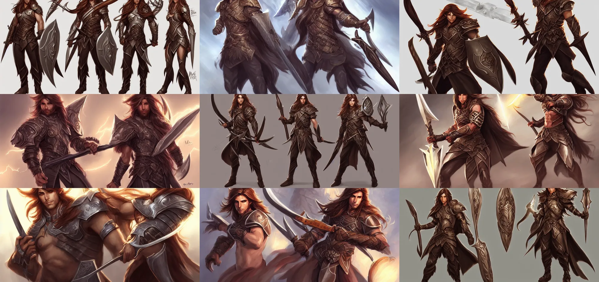 Prompt: concept art of long brown hair, male, holding glaive and shield, light armor, lightning, d & d, fantasy video game characters head designs, unique styles, by marc brunet and artgerm