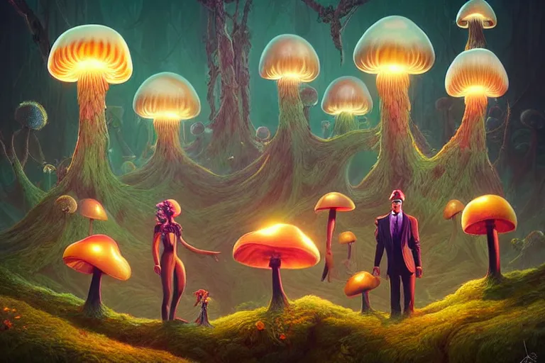 Image similar to a group of anthropomorphic mushroom circus performers portrait, Art Deco nature, fantasy, intricate art deco mushroom designs, elegant, highly detailed fractals, sharp focus, art by Artgerm and beeple and Greg Rutkowski and WLOP