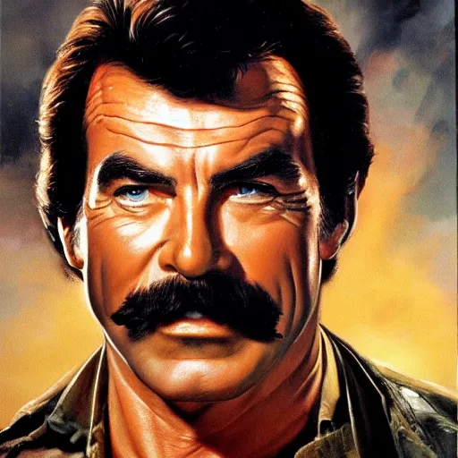 Image similar to ultra realistic portrait painting of tom selleck as han solo, art by frank frazetta, 4 k, ultra realistic, highly detailed, epic lighting