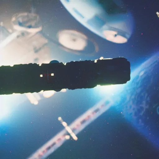 Prompt: photo of 2 space stations docking in space, backlit, cinematic lighting, 35mm film, action shot