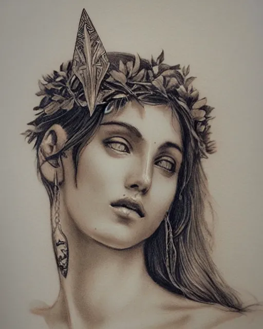 Prompt: realism tattoo sketch of a beautiful greek goddess aphrodite wearing a laurel wreath and arrowhead earrings, in the style of greg rutkowski, amazing detail