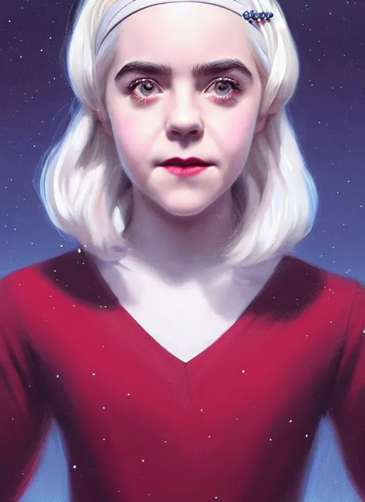 Prompt: portrait of kiernan shipka as sabrina spellman, white hair, 1 9 6 0 s bob hairstyle, hairband, intricate, elegant, glowing lights, highly detailed, digital painting, artstation, concept art, smooth, sharp focus, illustration, art by wlop, mars ravelo and greg rutkowski