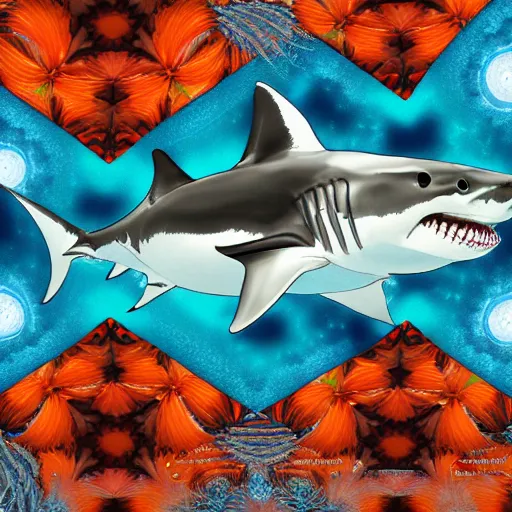 Image similar to great white shark, side view, with a silver and orange striped traffic cone construction cone on its dorsal fin, mandala background fractal background detailed - ron cheng & alphonse mucha, highly detailed, digital painting, ray tracing, concept art, illustration, smooth sharp focus, intricate, symmetry, artstation,