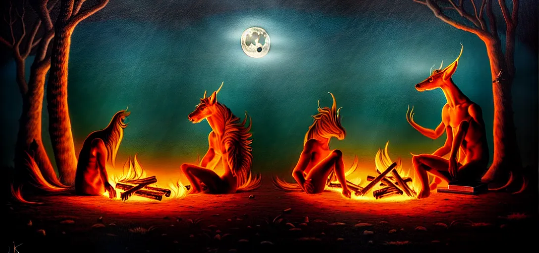 Image similar to strange mythical beasts of sitting around a fire under a full moon, surreal dark uncanny painting by ronny khalil