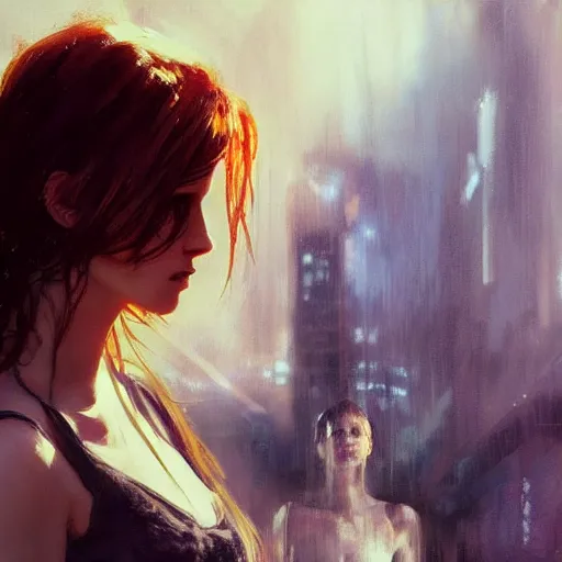 Image similar to bella thorne and emma watson, hyperrealistic full figure, bladerunner street, art of elysium by jeremy mann and frank frazetta and alphonse mucha, fantasy art, photo realistic, dynamic lighting, artstation, full figure poster, volumetric lighting, very detailed face, 4 k, award winning