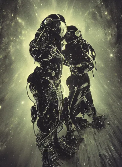 Prompt: two astronauts in dark and void underwater - hyperdetailed suit. reflection and dispersion materials. rays and dispersion of light. volumetric light. 5 0 mm, f / 3 2. noise film photo. flash photography. ultra realistic, wide angle. poster by wayne barlowe, hajime sorayama aaron horkey, craig mullins. dark key.