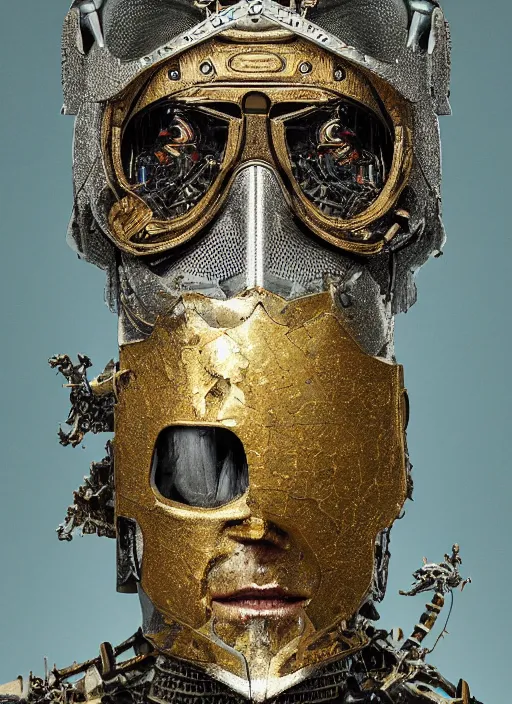 Prompt: portrait of king arthur knight cyborg, kintsugi, modern fine art, fractal, intricate, elegant, highly detailed, digital photography, subsurface scattering, by jheronimus bosch and basquiat and greg rutkowski,