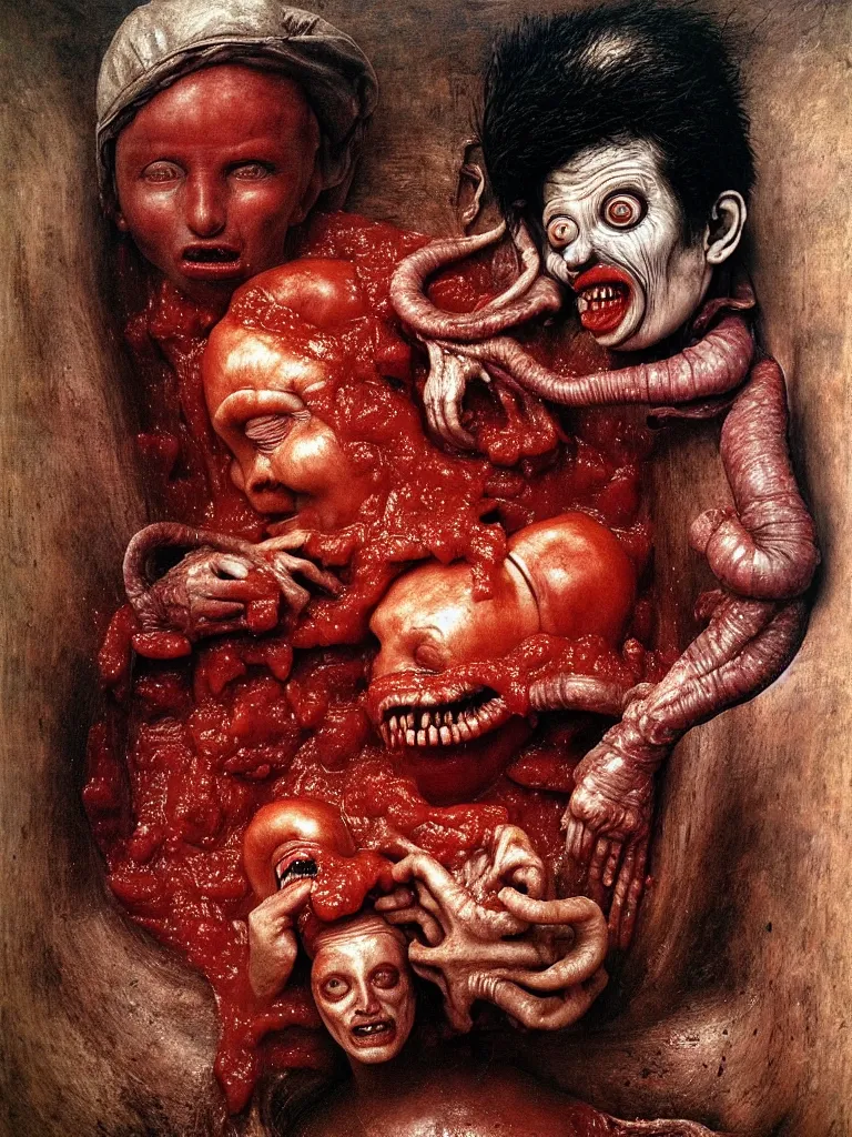 Image similar to a boy like eraserhead and elephant man sitting in a tub full of tomato sauce, looking straight at camera, screaming, by giuseppe arcimboldo and ambrosius benson, renaissance, fruit, intricate and intense oil paint, a touch of beksinski and hr giger and edward munch, realistic