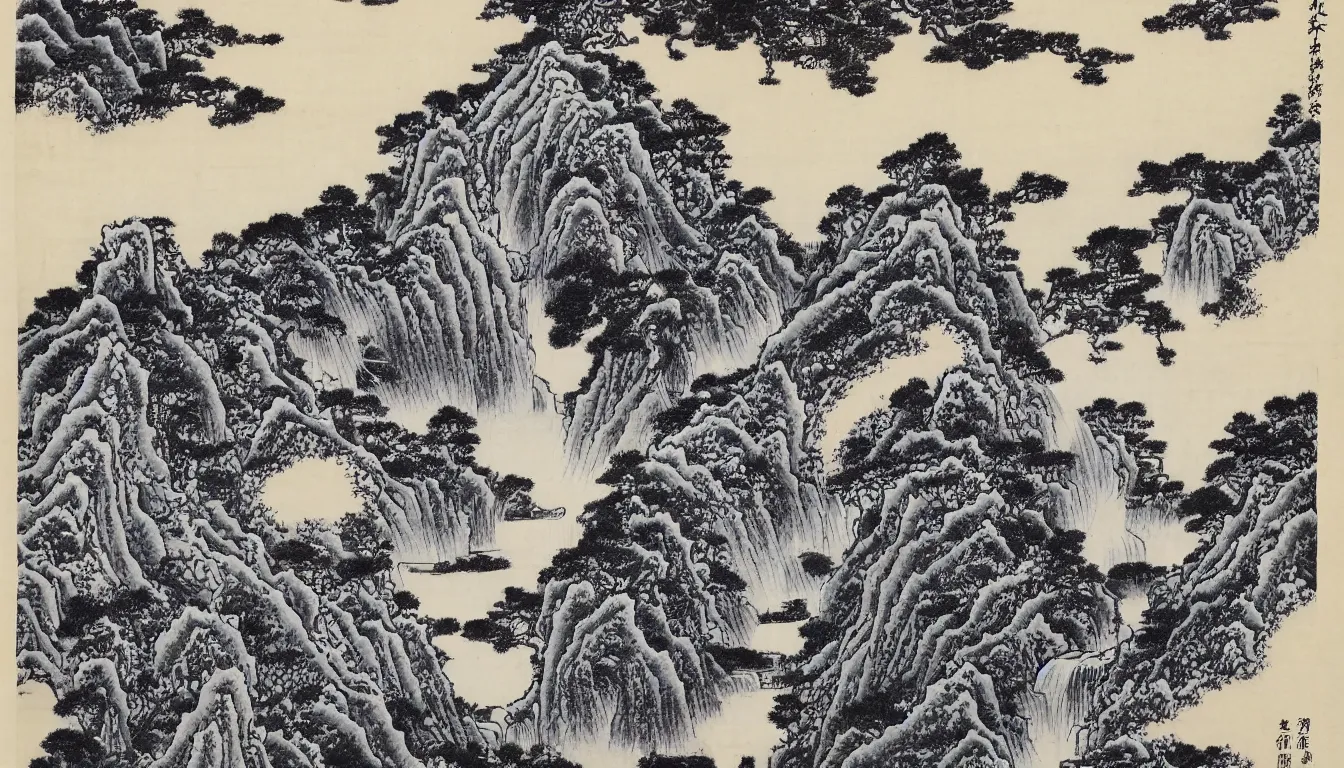 Prompt: traditional chinese ink drawing of a waterfall, mountains, forest, by hokusai, ultra detailed