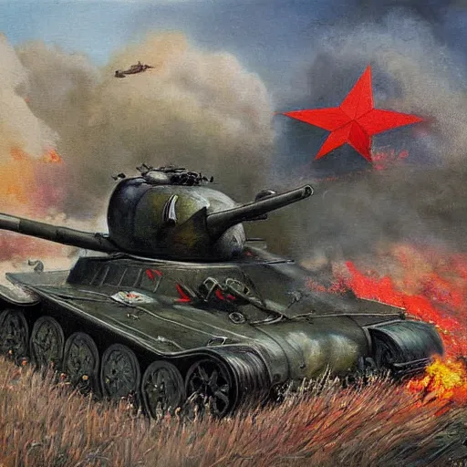 Image similar to soviet tank attack, battle painting by Mikhail Avilov