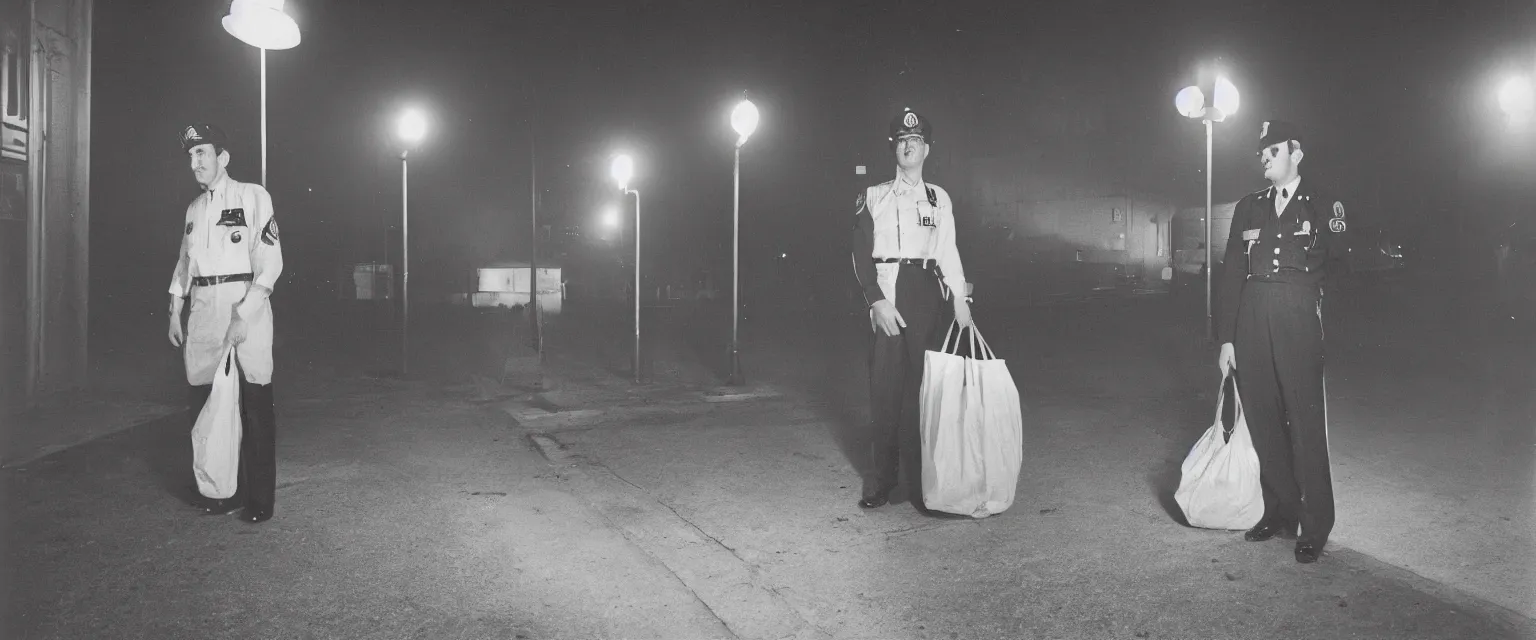 Prompt: weegee style telephoto photograph highly detailed of a a uniformed policeman circa 1 9 5 0 standing over a white body bag at night lit by street lamps and headlights.