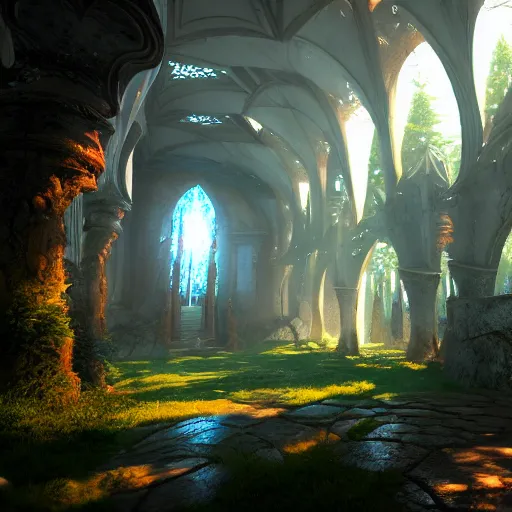 Prompt: inside a ethereal magical elven city, 8k, HDR, award-winning, trending on, artstation, smooth, sharp focus, super resolution, cinematic, volumetric lighting, unreal engine 5