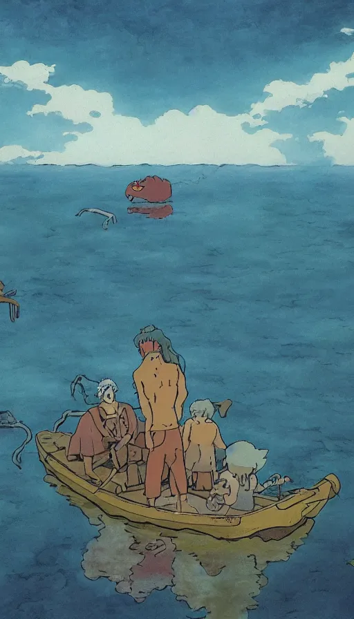 Image similar to man on boat crossing a body of water in hell with creatures in the water, sea of souls, by studio ghibli