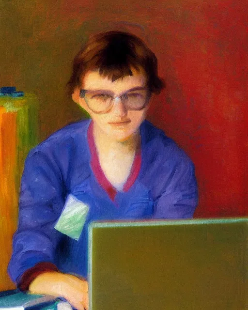 Image similar to an impressionist oil portrait of a young teacher of computer science with a computer, colorful, high resolution