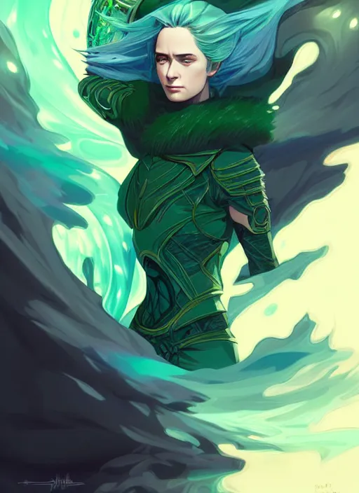 Image similar to style artgerm, joshua middleton, illustration, emily blunt as rune knight wearing green pelt light armor, anime eyes, blue hair, swirling water cosmos, fantasy, dnd, cinematic lighting