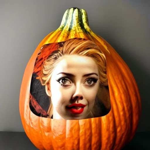 Image similar to gourd with face of amber heard hybrid intercross mix as a gourd